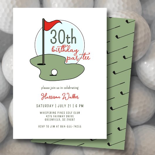Golf 30th Birthday Party Hand Drawn Modern Green 招待状