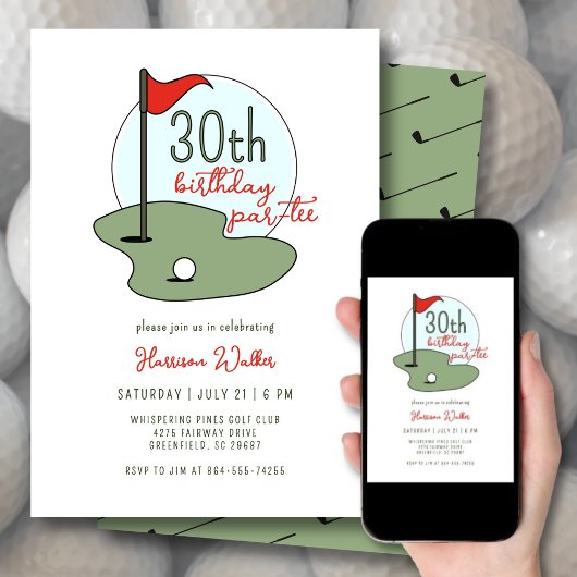 Golf 30th Birthday Party Hand Drawn Modern Green 招待状