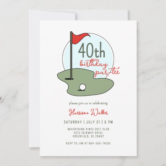 Golf 40th Birthday Party Hand Drawn Modern Green 招待状 (正面)
