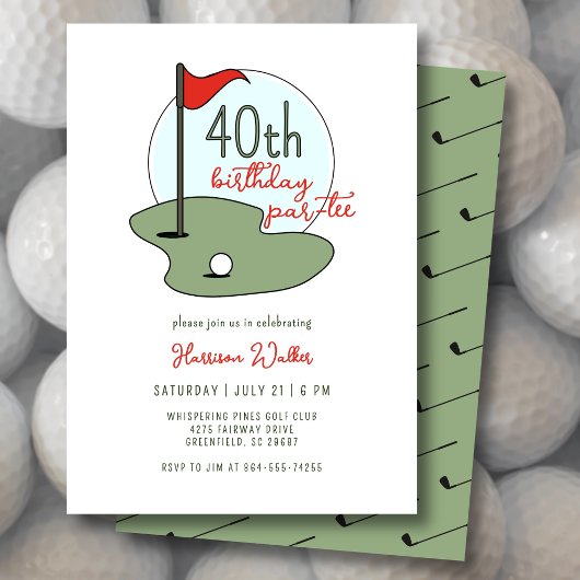 Golf 40th Birthday Party Hand Drawn Modern Green 招待状