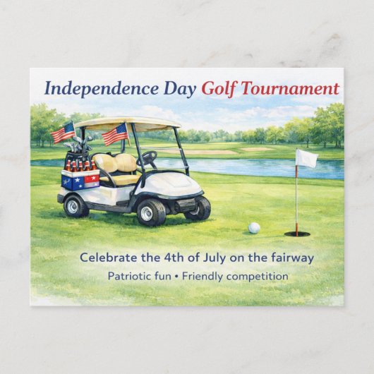 Golf 4th July Independence Day golf cart on course ポストカード (正面)