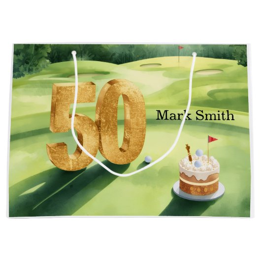  Golf 50th Birthday for golfer with cake on green ラージペーパーバッグ (正面)