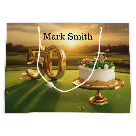  Golf 50th Birthday for golfer with cake on green ラージペーパーバッグ (正面)