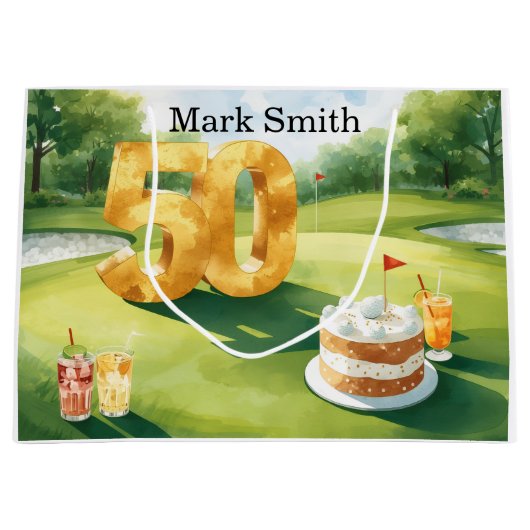  Golf 50th Birthday for golfer with cake on green ラージペーパーバッグ (正面)