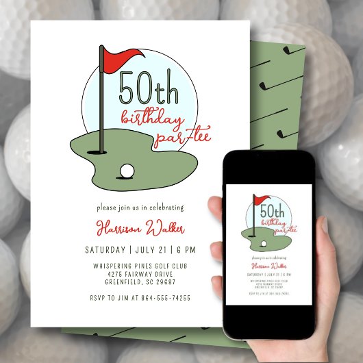 Golf 50th Birthday Party Hand Drawn Modern Green 招待状
