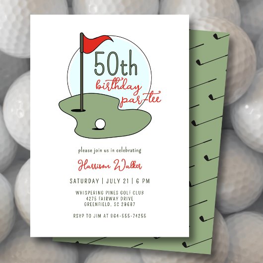 Golf 50th Birthday Party Hand Drawn Modern Green 招待状