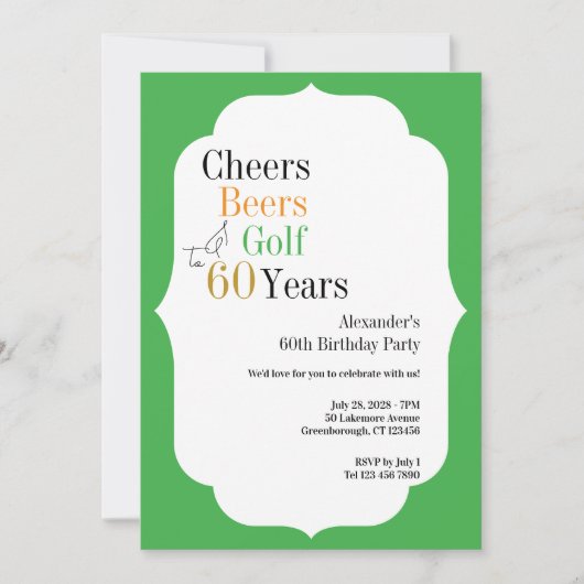 Golf 60th Birthday Cheers and Beers Green 招待状 (正面)