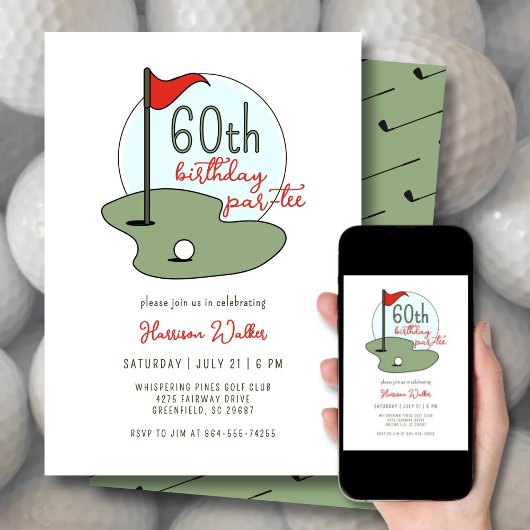 Golf 60th Birthday Party Hand Drawn Modern Green 招待状