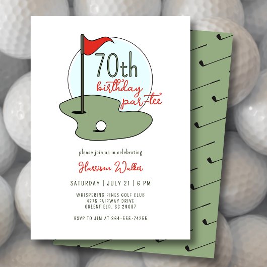 Golf 70th Birthday Party Hand Drawn Modern Green 招待状