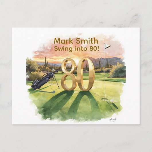Golf 80th Birthday with Golf Cart on Putting Green ポストカード (正面)