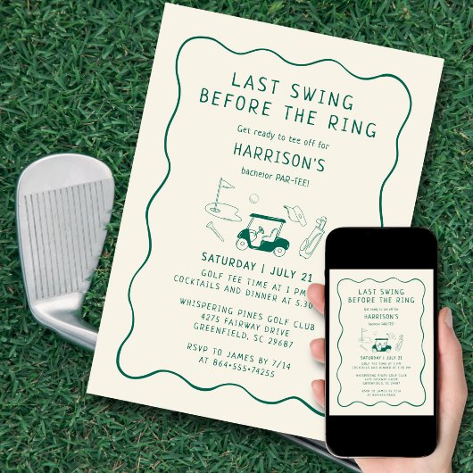 Golf Bachelor Party Hand Drawn Last Swing Green 招待状