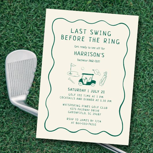 Golf Bachelor Party Hand Drawn Last Swing Green 招待状