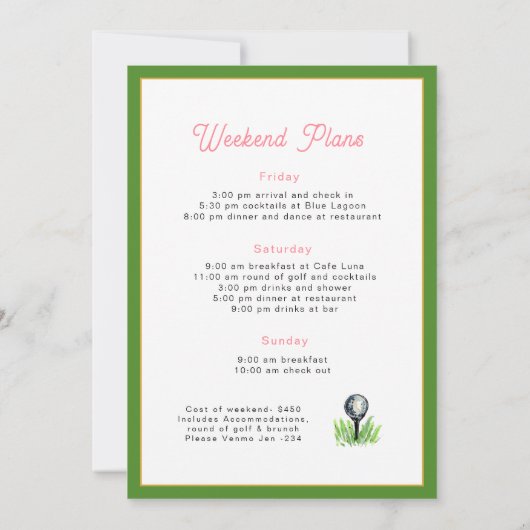 Golf Bachelorette weekend with itinerary 招待状 (裏面)