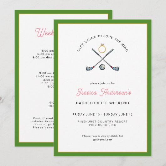 Golf Bachelorette weekend with itinerary 招待状 (正面/裏面)