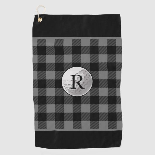 Golf ball monogrammed grey buffalo plaid custom ゴルフタオル (正面)