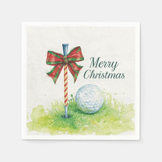 Golf ball with Christmas ribbon and tee スタンダードカクテルナプキン (正面)