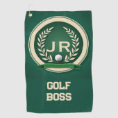 Golf Boss Heraldry Emblem Custom Name Ivory Green ゴルフタオル (正面)