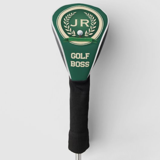 Golf Boss Heraldry Emblem Custom Name Ivory Green ゴルフヘッドカバー (正面)