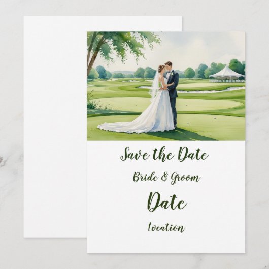 Golf  bride and groom on golf course 招待状 (正面/裏面)