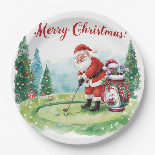 Golf Christmas golfing  Santa Golfer at golf flag ペーパープレート (正面)