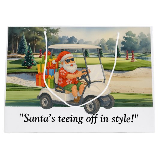 Golf Christmas Santa drive golf cart on course ラージペーパーバッグ (正面)