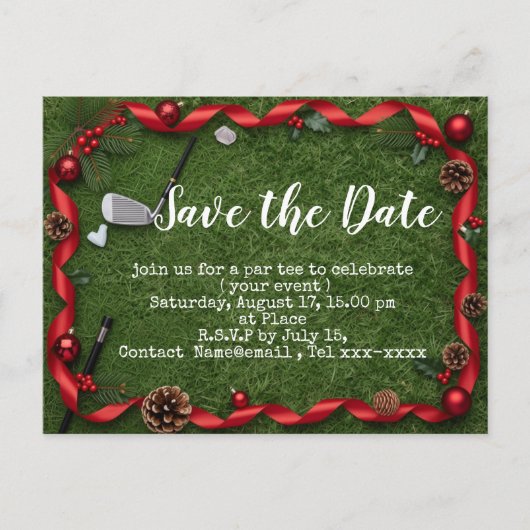 Golf Christmas save the date with golf ball ポストカード (正面)