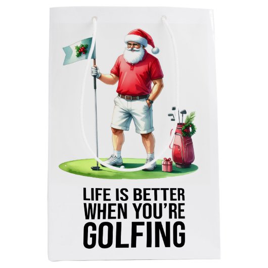 Golf Christmas themed with Santa Claus ミディアムペーパーバッグ (正面)