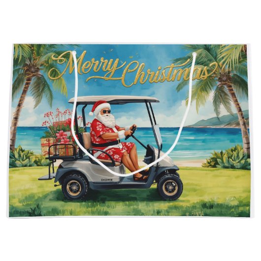Golf Christmas themed with Santa Claus in Hawaii ラージペーパーバッグ (正面)