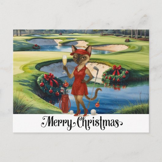 Golf Christmas themed with Siamese Cat Golfer  シーズンポストカード (正面)