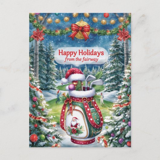 Golf Christmas with Golf bag on green シーズンポストカード (正面)