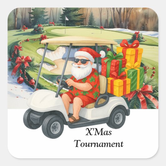 Golf Christmas with Santa Claus on Green スクエアシール (正面)