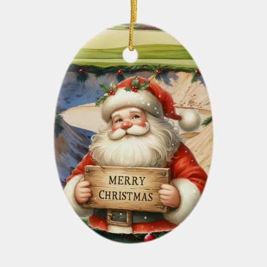 Golf Christmas with Santa Golfer on golf course  セラミックオーナメント (正面)