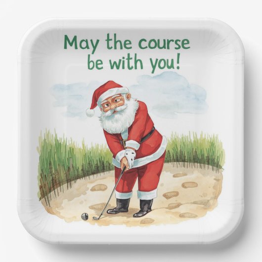 Golf Christmas with Santa Golfer on golf course  ペーパープレート (正面)