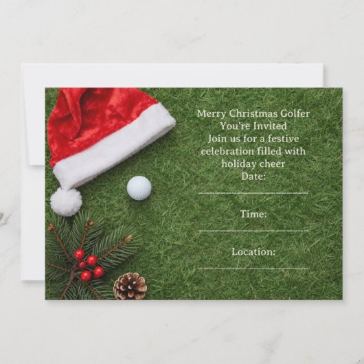Golf Christmas with Santa hat on green 招待状 (正面)