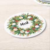Golf Christmas Wreath with Golfer Name ラウンドペーパーコースター (アングル)