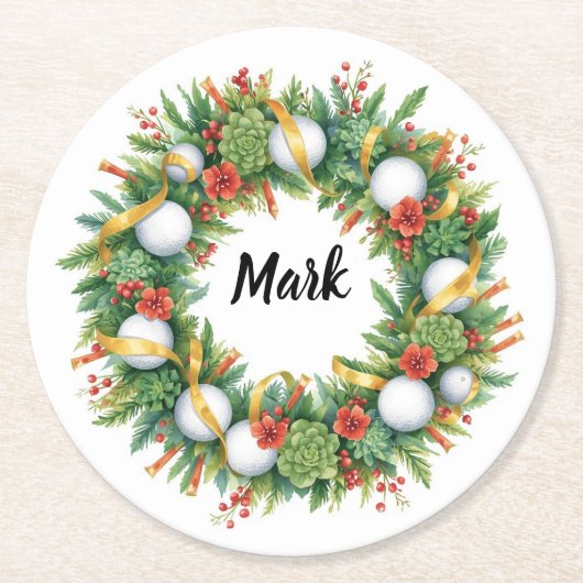 Golf Christmas Wreath with Golfer Name ラウンドペーパーコースター (正面)