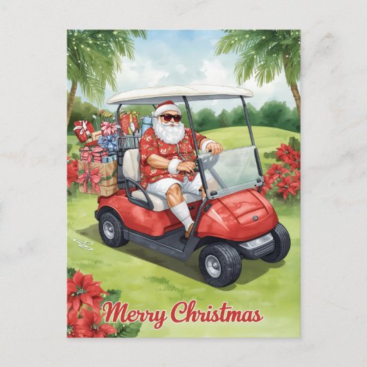  Golf ChristmasSanta driving golf cart シーズンポストカード (正面)