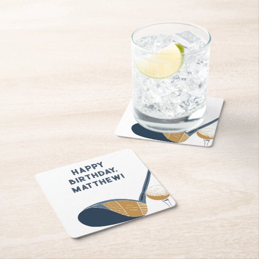 Golf Club and Ball Personalized Golfers Birthday スクエアペーパーコースター (インサイチュ)