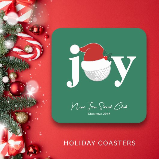 Golf Club Holiday Joy Typography Festive Green スクエアペーパーコースター