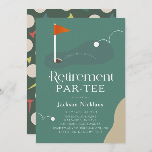 Golf Course Fairway Flag Retirement Par-Tee 招待状 (正面/裏面)