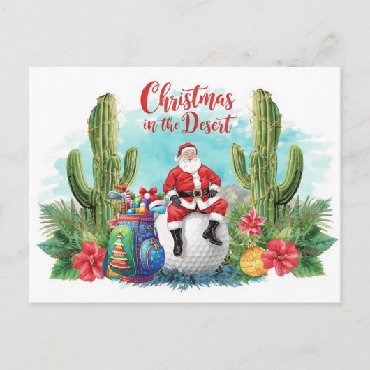 Golf Desert Christmas Cactus Santa Claus Golfer シーズンポストカード (正面)