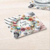 Golf Easter eggs balls and flower and equipment スクエアペーパーコースター (アングル)