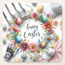 Golf Easter eggs balls and flower and equipment スクエアペーパーコースター
