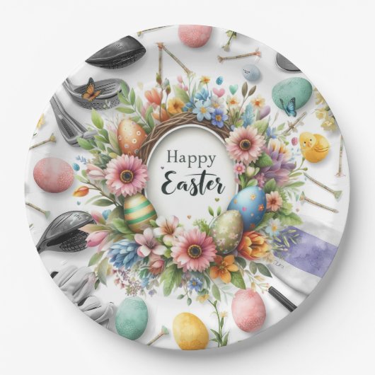 Golf Easter eggs balls and flower and equipment ペーパープレート (正面)
