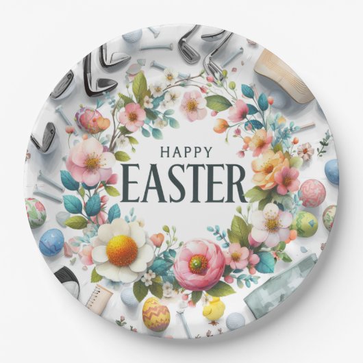 Golf Easter eggs balls and flower and equipment ペーパープレート (正面)
