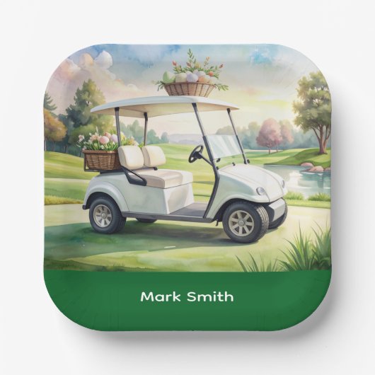 Golf Easter holiday with golf cart and easter eggs ペーパープレート (正面)