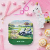 Golf Easter holiday with golf cart and easter eggs ペーパープレート (パーティー)