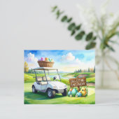 Golf easter holiday with golf cart and easter eggs ポストカード (スタンド正面)