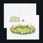 Golf Easter with egg on putting green  ポストカード<br><div class="desc">Send cheerful spring greetings with this Golf Easter postcard featuring colorful eggs on a putting green. This bright watercolor design shows pastel Easter eggs resting beside a golf hole with a red flag on fresh green grass, blending the joy of Easter with the charm of the golf course. Perfect for...</div>