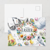 Golf easter with golf equipment with flower シーズンポストカード (正面/裏面)